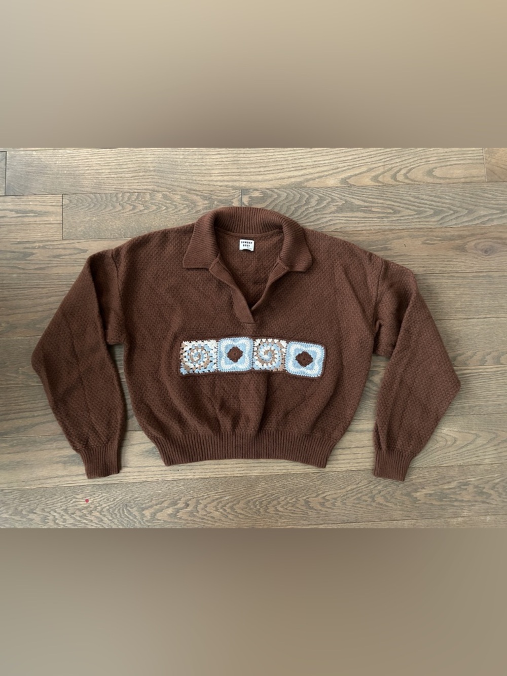 Sunday Best Brown Merino Wool Blend V-Neck Sweater with Crochet Detail